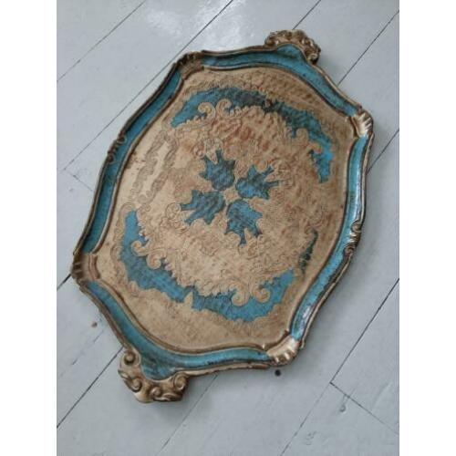 Retro vintage dienblad hout goud blauw