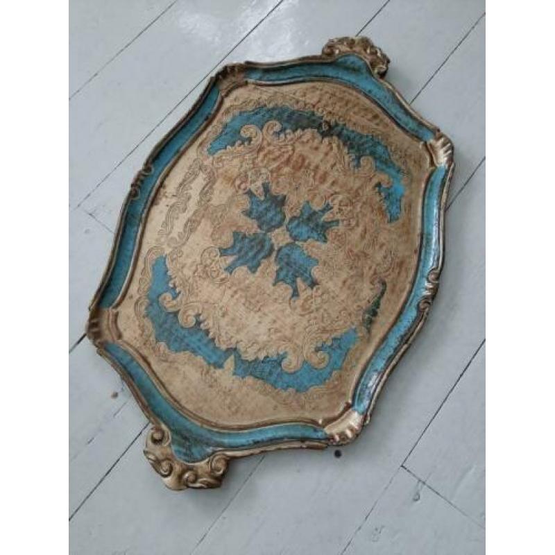 Retro vintage dienblad hout goud blauw