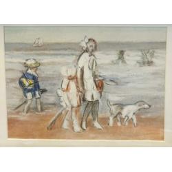 pastel - ongesigneerd - strandgezicht - zeegezicht - lijst
