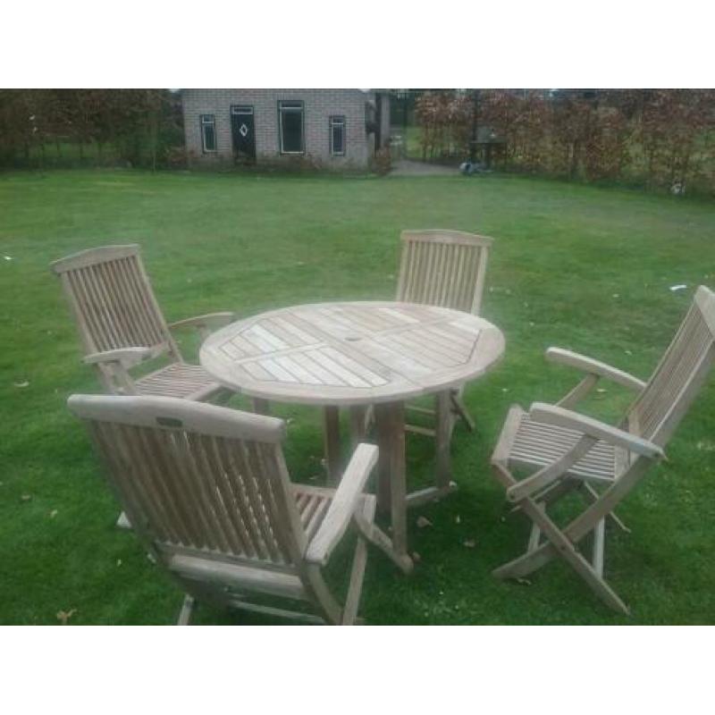 Tuinset teakhout ronde tafel met vier stoelen