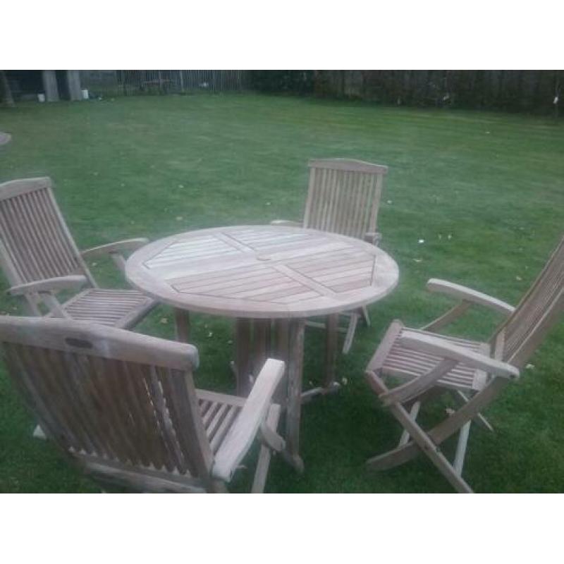 Tuinset teakhout ronde tafel met vier stoelen