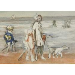 pastel - ongesigneerd - strandgezicht - zeegezicht - lijst